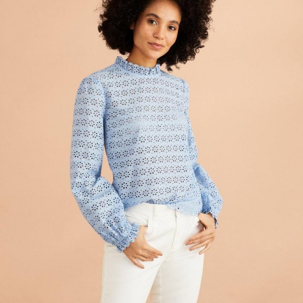 Light Blue Eyelet Ruffle Neck Long Sleeve Top